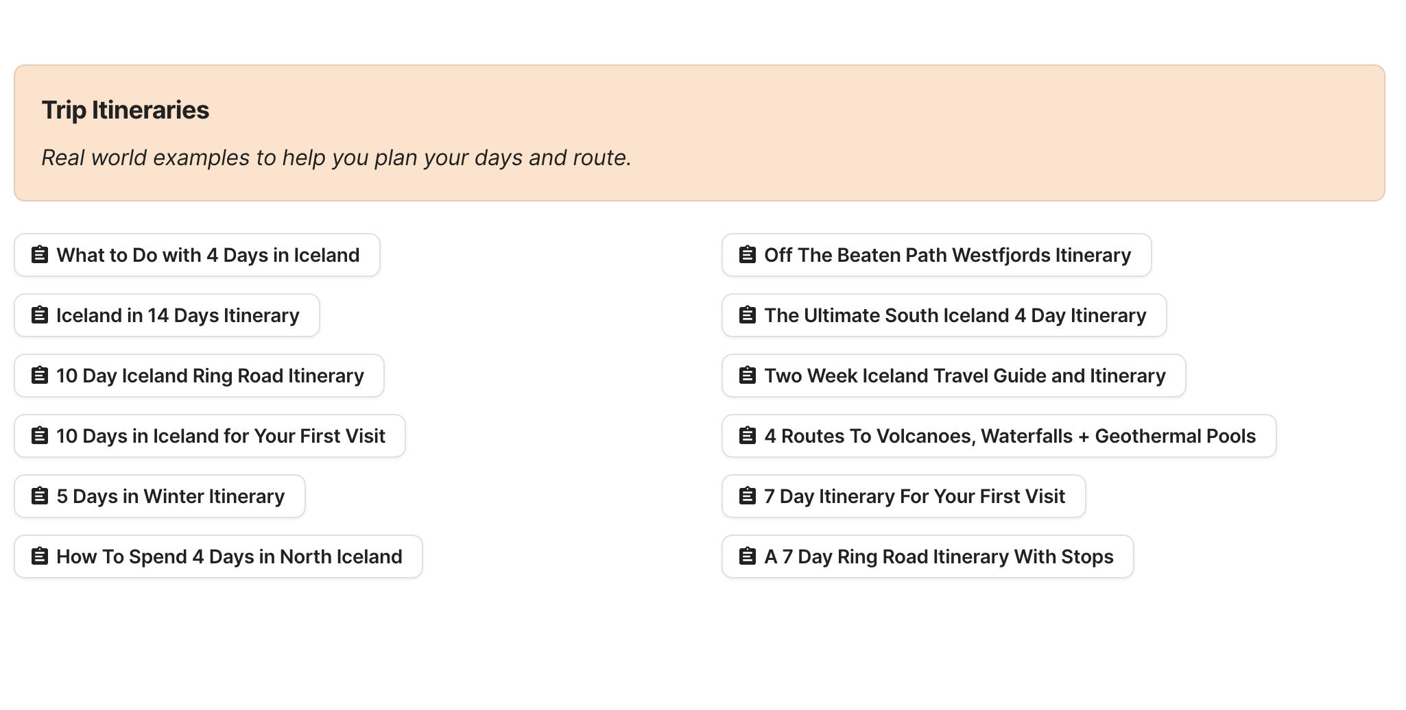 Iceland Trip Itineraries Preview of Iceland Trip Itineraries section in Iceland Travel Research by Feral Travel