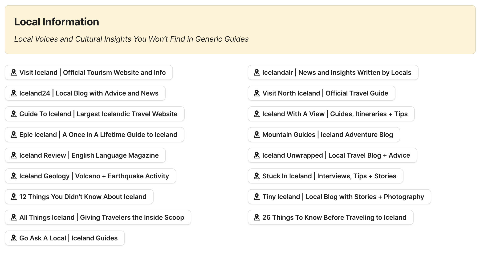 Local Information Preview of local information section in Iceland Travel Research by Feral Travel